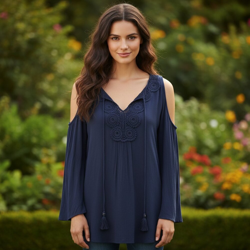 Daniel Rainn S Blue Lace Crochet Tie Cold Shoulder Top Coastal Boho Cottage Mod‎